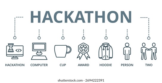 hackathon banner icon concept with icon of hackathon ,computer, cup, award, hoodie, person, and two





 
