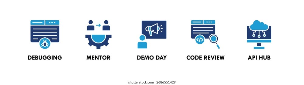 Hackathon banner web icon illustration concept with icon of debugging, mentor, demo day, code review, and API hub