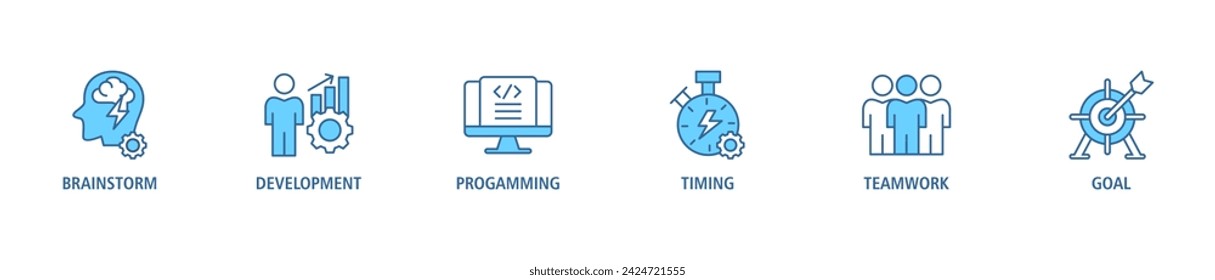Hackathon banner web icon set vector illustration concept for design sprint-like social coding event with icon of brainstorm, development, programming, timing, speed, teamwork, and goal
