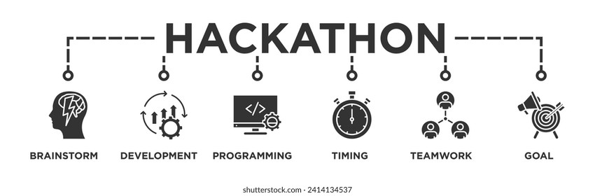 Hackathon banner web icon vector illustration concept for design sprint-like social coding event with icon of brainstorm, development, programming, timing, speed, teamwork, and goal	