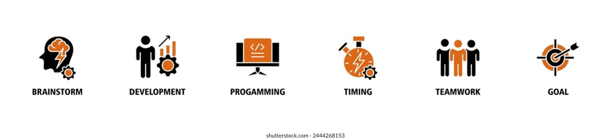 Hackathon banner web icon vector illustration concept for design sprint-like social coding event with icon of brainstorm, development, programming, timing, speed, teamwork, and goal