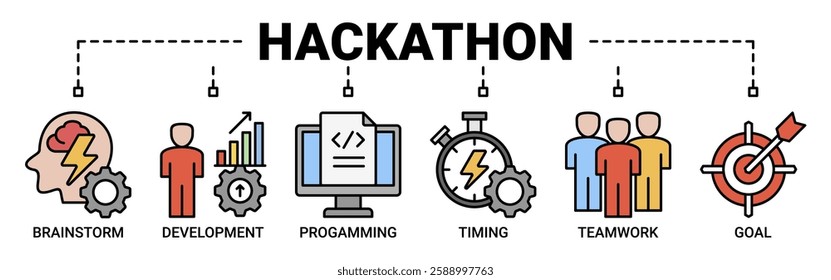 Hackathon banner web icon vector illustration concept for design sprint-like social coding event with icon of brainstorm, development, programming, timing, speed, teamwork, and goal icon outline color