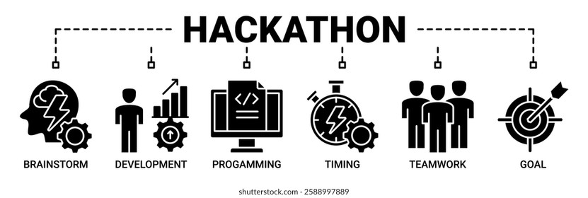 Hackathon banner web icon vector illustration concept for design sprint-like social coding event with icon of brainstorm, development, programming, timing, speed, teamwork, and goal icons solid color 