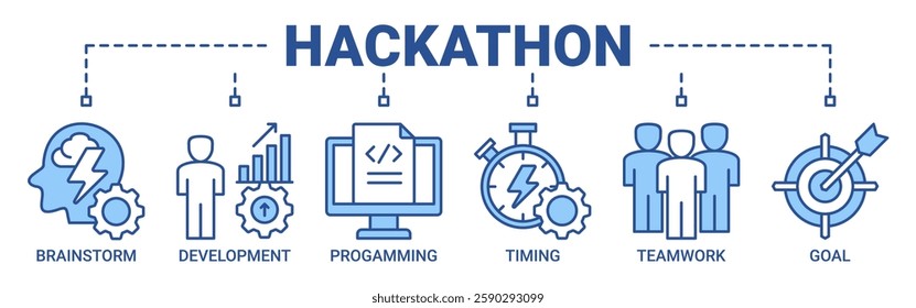 Hackathon banner web icon vector illustration concept for design sprint-like social coding event with icon of brainstorm, development, programming, timing, speed, teamwork, and goal icons outline blue