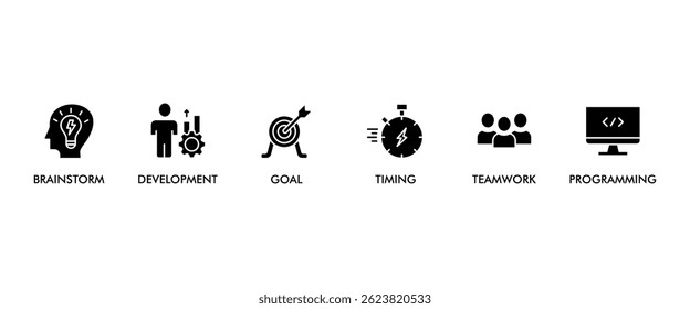 Hackathon banner web icon vector illustration concept for design sprint-like social coding event with icon of brainstorm, development, programming, timing, speed, teamwork, and goal
