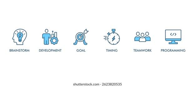 Hackathon banner web icon vector illustration concept for design sprint-like social coding event with icon of brainstorm, development, programming, timing, speed, teamwork, and goal