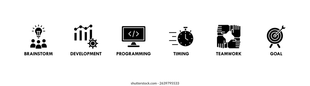 Hackathon banner web icon vector illustration concept for design sprint-like social coding event with icon of brainstorm, development, programming, timing, speed, teamwork, and goal