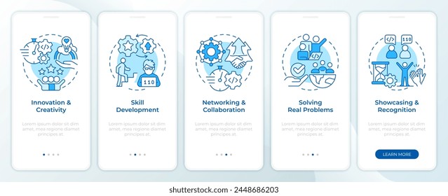 Hackathon benefits blue onboarding mobile app screen. Advantages walkthrough 5 steps editable graphic instructions with linear concepts. UI, UX, GUI template. Myriad Pro-Bold, Regular fonts used