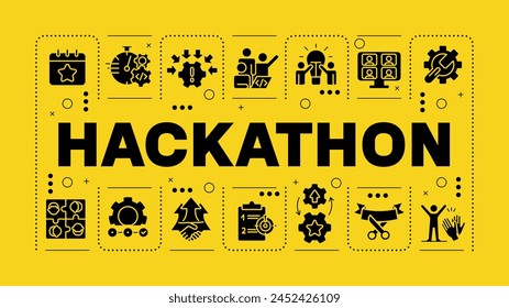 Hackathon black and yellow word concept. Tech event organization. Teamwork and collaboration. Visual communication. Vector art with lettering text, editable glyph icons. Hubot Sans font used