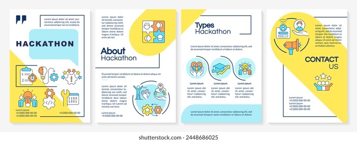 Hackathon blue and yellow brochure template. Tech event organization. Leaflet design with linear icons. Editable 4 vector layouts for presentation, annual reports. Questrial, Lato-Regular fonts used
