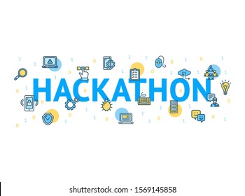 Hackathon Concept Card Poster Paper Art Design with Outline Icons Include of Team, Gear and Telephone. Vector illustration