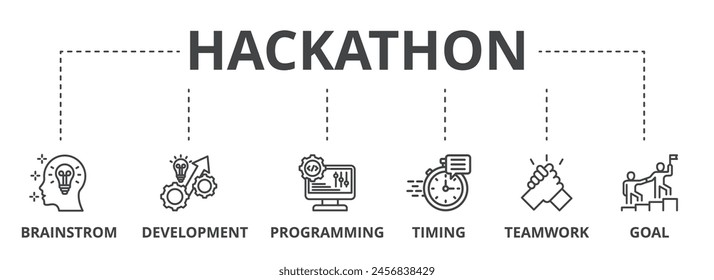 Hackathon concept icon illustration contain brainstorm, development, programming, timing, teamwork and goal.