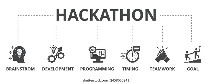 Ilustración de icono de concepto de hackathon contiene lluvia de ideas, desarrollo, programación, cronometraje, trabajo en equipo y objetivo.