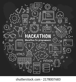 Iconos de tiza dibujados a mano con hackathon y datathon colocados en la pizarra en estilo boceto Doodle. Concepto de círculo vectorial para el evento para desarrolladores, programadores y gerentes de fondo negro