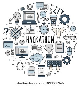 Hackathon and datathon set of doodle style icons. Vector circular concept for the event for developers, programmers and managers