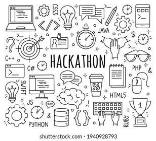 Hackathon and datathon set of doodle style icons.