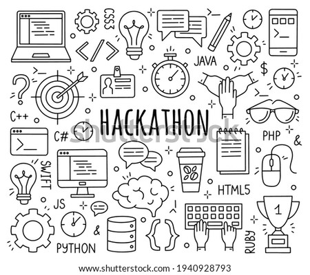 Hackathon and datathon set of doodle style icons.