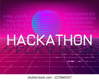 Hackathon event  banner . 3d 80s style concept