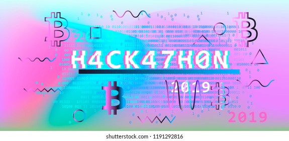 Hackathon event poster, Computer programming Meetup flyer. Vector desing template in pastel holographic colors with binary code and bitcoin signs.