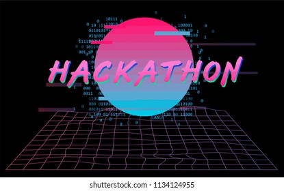 Hackathon event template. Retrowave cyber landscape  with holographic sun and laser grid. Webpunk, vaporwave style.