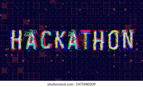 Hackathon Glitched Word Banner. HUD Hologram Cyberpunk Style. Neon Tech Hackathon Glitch Background. Design Element for Tech Programmers Event. Vector Illustration.