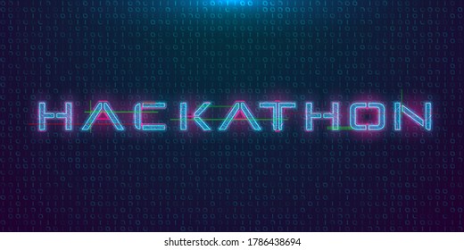 Hackathon HUD hologram cyberpunk style banner. Neon tech Hackathon glitch inscription on dark background. Design element for event advertising, shares, promotion. Vector