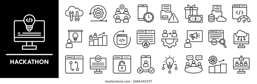 Conjunto de coleta de ícones do Hackathon. Contendo tecnologia de design, negócios, computador, desenvolvedor, software