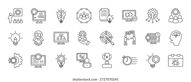 hackathon icon set collection em estilo de estrutura de tópicos. icon pack contém código, equipe, ideia, inovar, construir, breve, criar, pitch, cronometragem, solução, algoritmo ícone. EPS 10