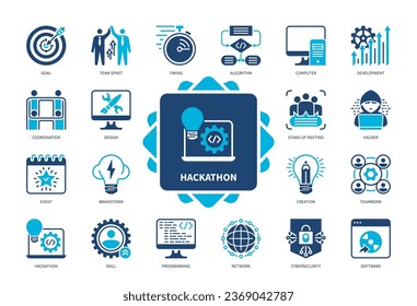 Hackathon icon set. Development, Goals, Brainstorm, Timing, Team Spirit, Software, Algorithm, Programming. Duotone color solid icons