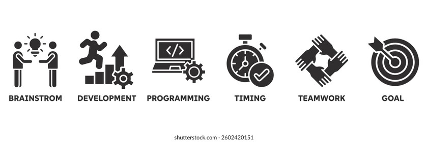 Hackathon icon set illustration concept for design sprint-like social coding event with icon of brainstorm, development, programming, timing, speed, teamwork, and goal