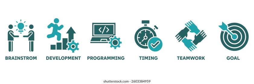 Hackathon icon set illustration concept for design sprint-like social coding event with icon of brainstorm, development, programming, timing, speed, teamwork, and goal