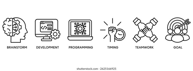 Hackathon icon set vector illustration concept relate to design sprint-like social coding event with icon of brainstorm, development, programming, timing, speed, teamwork, and goal