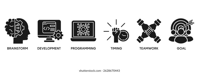 Hackathon icon set vector illustration concept relate to design sprint-like social coding event with icon of brainstorm, development, programming, timing, speed, teamwork, and goal