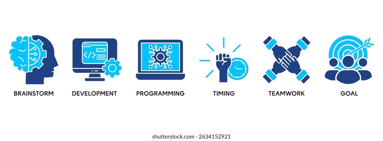Hackathon icon set vector illustration concept relate to design sprint-like social coding event with icon of brainstorm, development, programming, timing, speed, teamwork, and goal