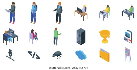  Hackathon icons set. Programmers and developers working, using computers, networks, cloud and other technologies to create software