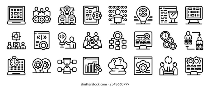 Hackathon icons set. Software development process and teamwork, programmers collaborating, coding, and implementing innovative solutions