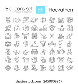 Hackathon linear icons set. Event for developers and programmrs. Tech solutions. Team competition. Customizable thin line symbols. Isolated vector outline illustrations. Editable stroke