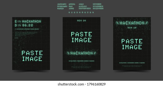 Hackathon-Plakatset. Sammlung von Retrowave-Cyberpunk-Futuristikplakaten mit 8-Bit-Pixelglitch-Typografie, Binärcode und Kopienraum. Datensatz mit Zahlen. Vektorgrafik