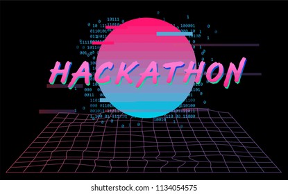 Hackathon poster/flyer/banner template. Cyber landscape with warped laser grid and synthwave glitched sun, 80s-90s retrowave webpunk style.