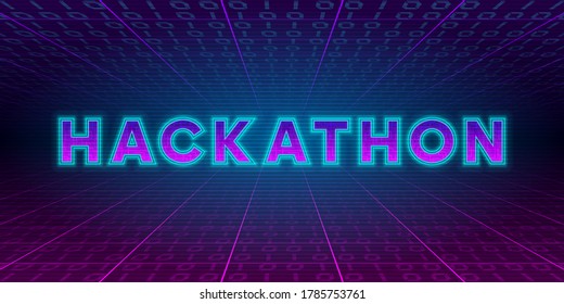 Hackathon retrowave style banner. Neon tech Hackathon inscription on background with laser grid and binary code. Design element for event advertising, shares, promotion. Vector