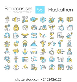 Hackathon RGB color icons set. Event for developers and programmrs. Tech solutions. Team competition. Isolated vector illustrations. Simple filled line drawings collection. Editable stroke