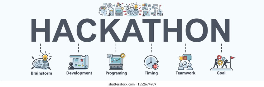 Hackathon technology banner concept with team working together on programming, web developers, designers, project managers, brainstorm and development. Minimal vector infographic.