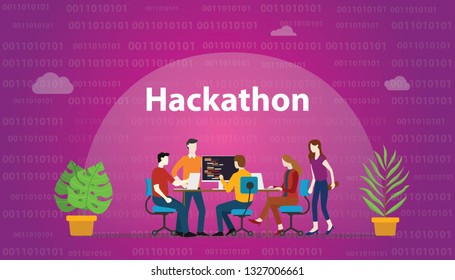 hackathon technology concept with team working together on programming - vector