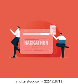 Hackathon Technology Infographic Illustration, Team Working Together On Programming And Web Development