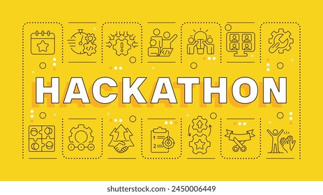 Hackathon yellow word concept. Tech event organization. Teamwork and collaboration. Horizontal vector image. Headline text surrounded by editable outline icons. Hubot Sans font used