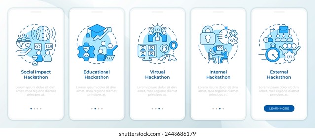 Hackathons types blue onboarding mobile app screen. Tech events walkthrough 5 steps editable graphic instructions with linear concepts. UI, UX, GUI template. Myriad Pro-Bold, Regular fonts used