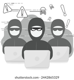 Hacke, Cyber criminal. Hacker attack and web security. Internet phishing concept. Hacker in black hood with laptop trying to cyber attack. Programming Code. hacker icon thin line outline symbol for 