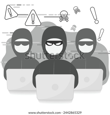 Hacke, Cyber criminal. Hacker attack and web security. Internet phishing concept. Hacker in black hood with laptop trying to cyber attack. Programming Code. hacker icon thin line outline symbol for 
