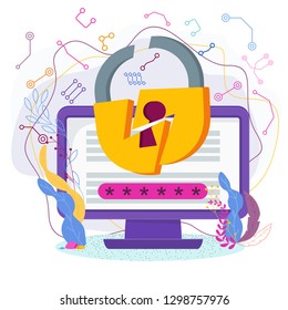 Hacked access key information on the computer. Unreliable computer security system. Cyber attack and hacking, data theft.