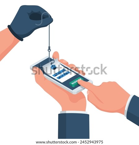 Hacked account. Smartphone in hand, hook in hand. Fraudster steals personal data. Account theft. Fishing hook, steals data from phone. Vector illustration isometric. Loss of personal information. 